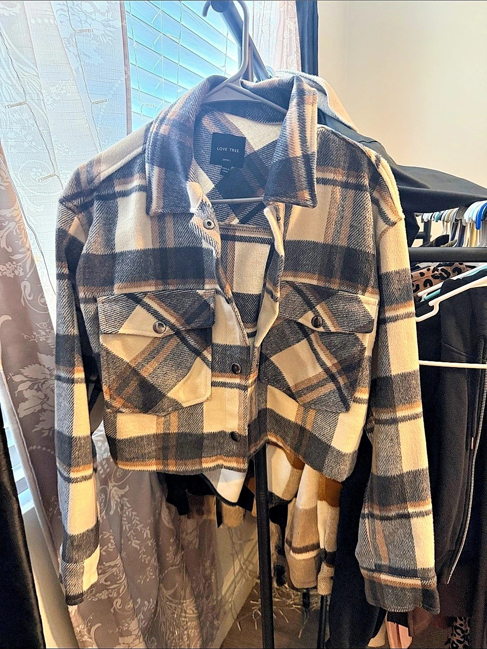 Love Tree Plaid Teddy Jacket in Brown & Cream Small
